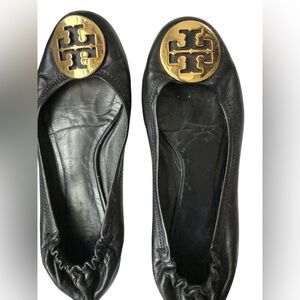 Tory Burch Black Leather Ballet Flats with Gold Emblem